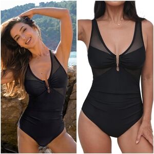 NWT Cupshe Black Mesh Plunge V Gold U Ring One Piece Swimsuit Bathing Suit XS